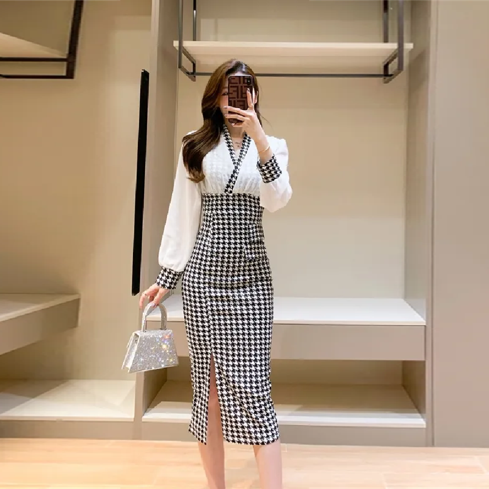 【Dress】千鳥格子フェミニンワンピース Z7553