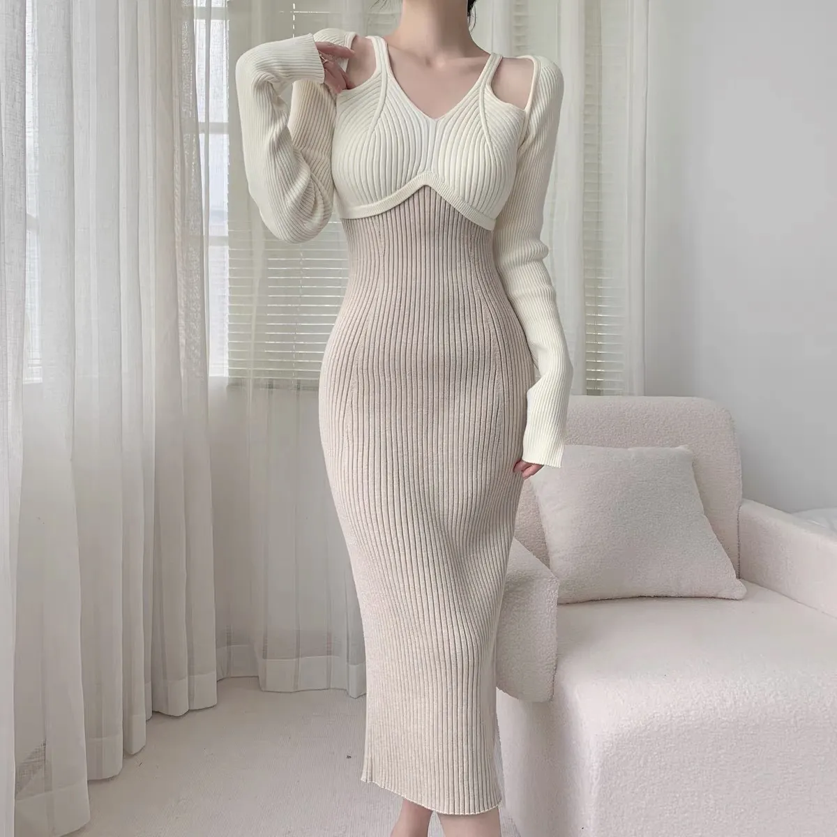 【Dress】配色ニットワンピース Z7672
