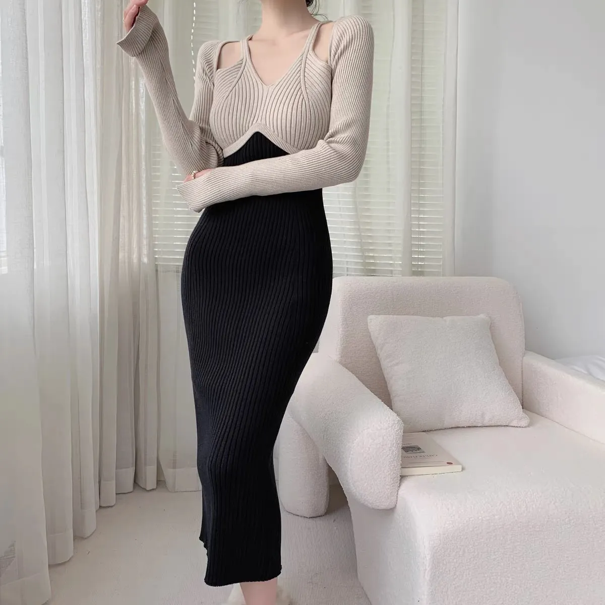 【Dress】配色ニットワンピース Z7672