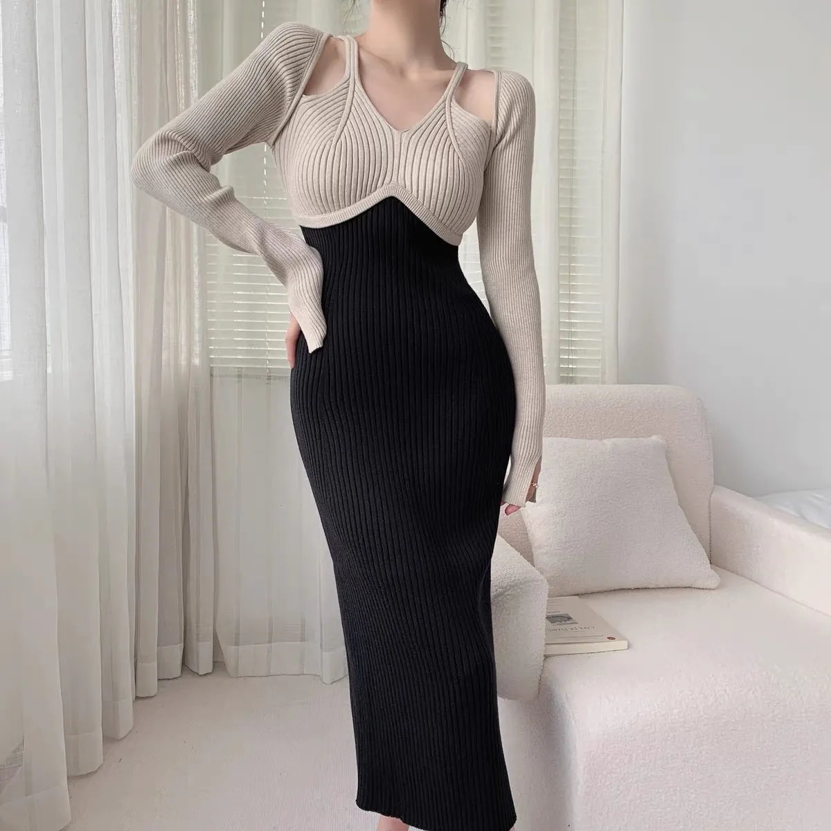 【Dress】配色ニットワンピース Z7672