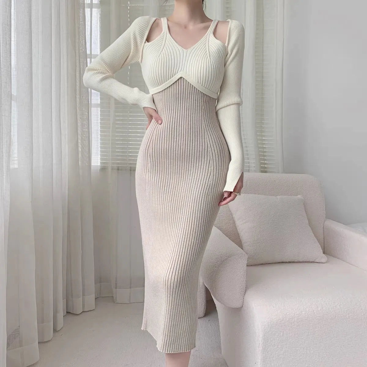 【Dress】配色ニットワンピース Z7672
