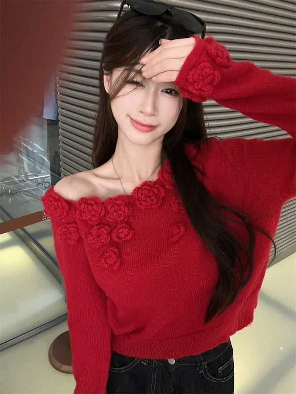 【Tops】オープンショルダーフラワーニットセーター W14282