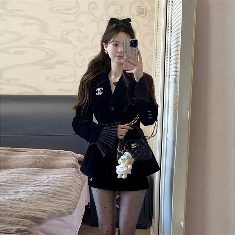 【Set】ジャケット+スカート ベルベットセット Z7763