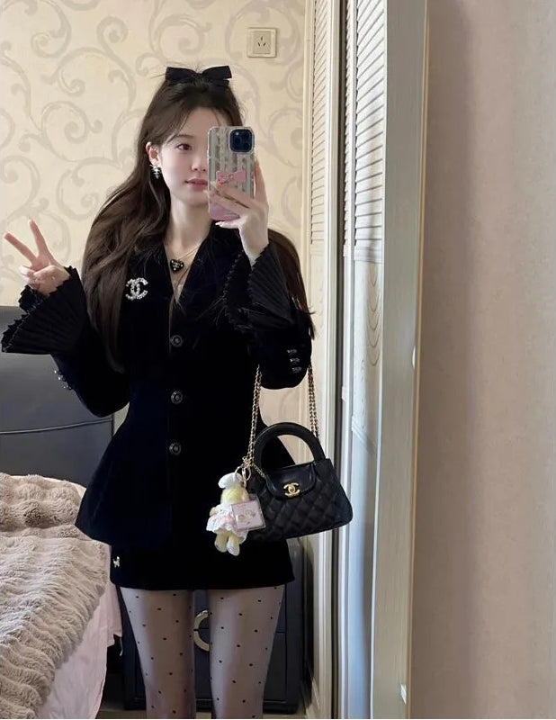 【Set】ジャケット+スカート ベルベットセット Z7763