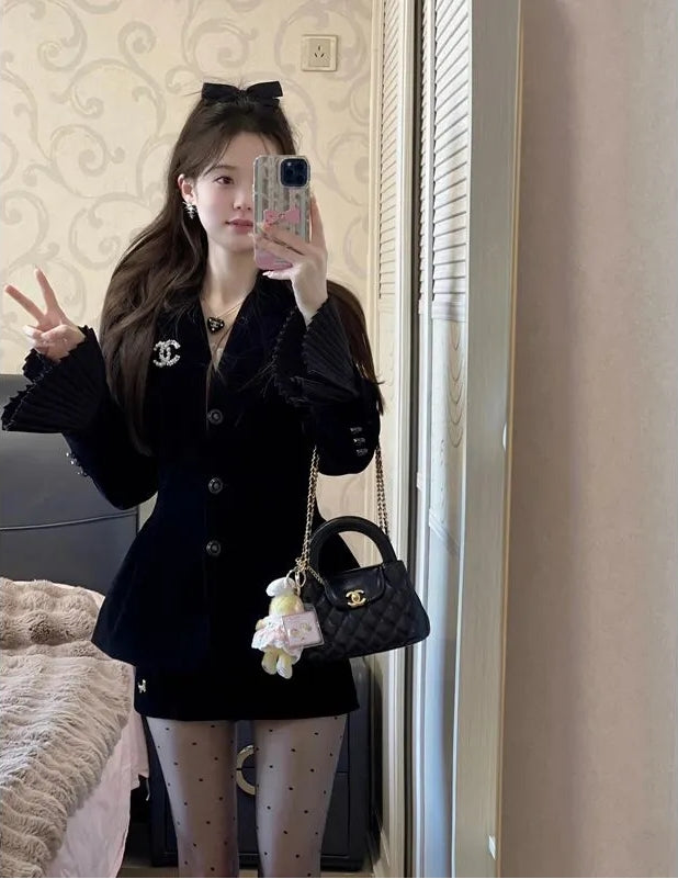 【Set】ジャケット+スカート ベルベットセット Z7763