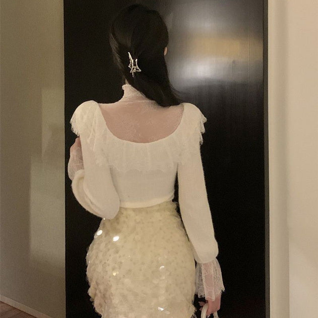 【Tops】レース切替ニットセーター厚手 Z7765