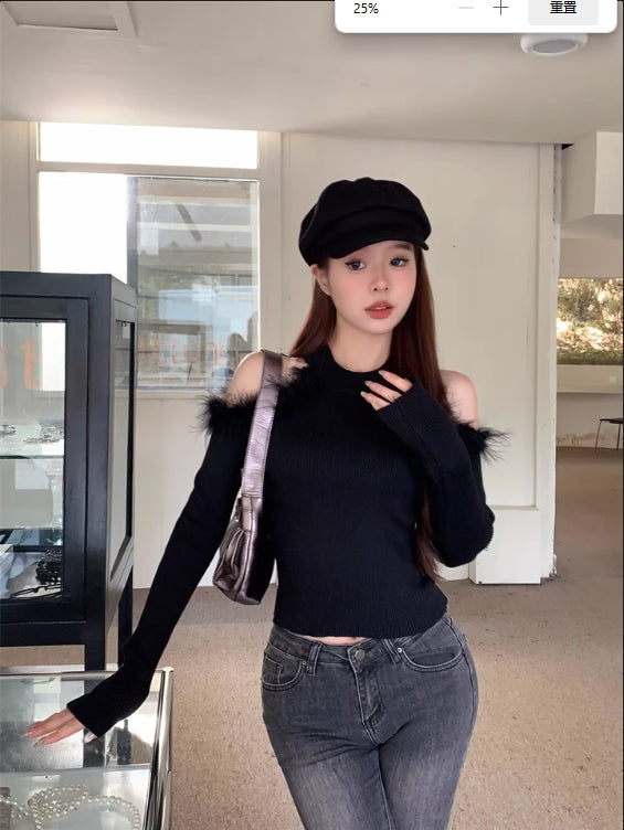 【Tops】ファー透かし彫りニット W14118