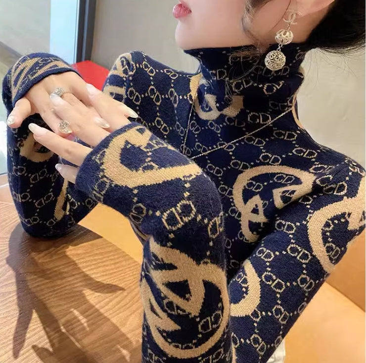 【Tops】ハイネックジャカード春秋ニット W14211