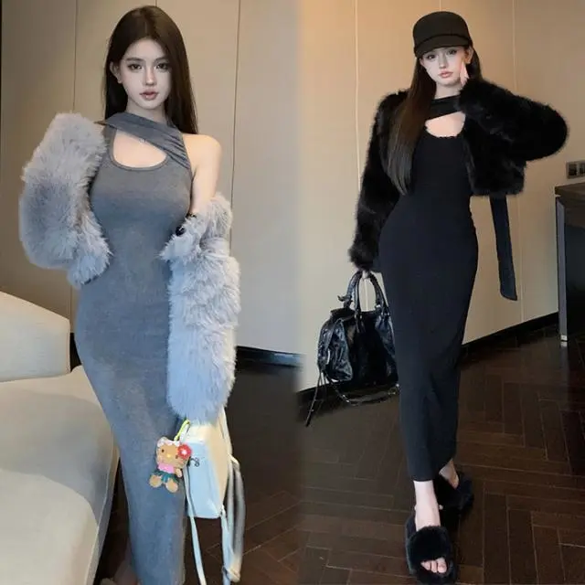 【Set】ファージャケット+ワンピース セット Z7923