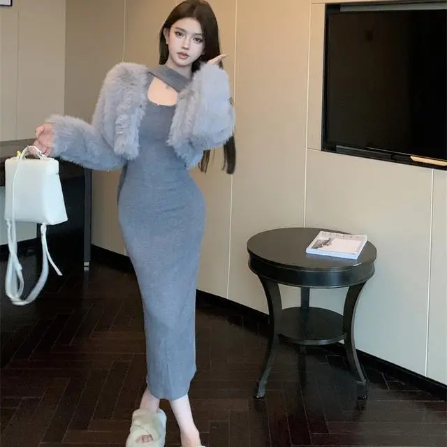 【Set】ファージャケット+ワンピース セット Z7923