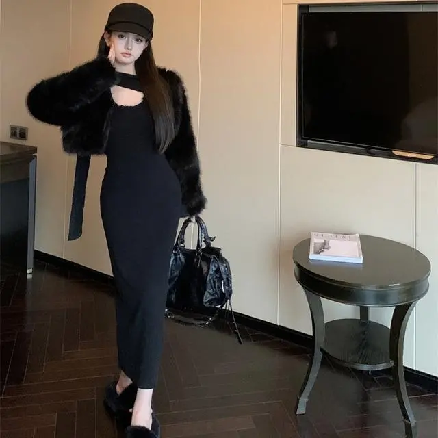 【Set】ファージャケット+ワンピース セット Z7923