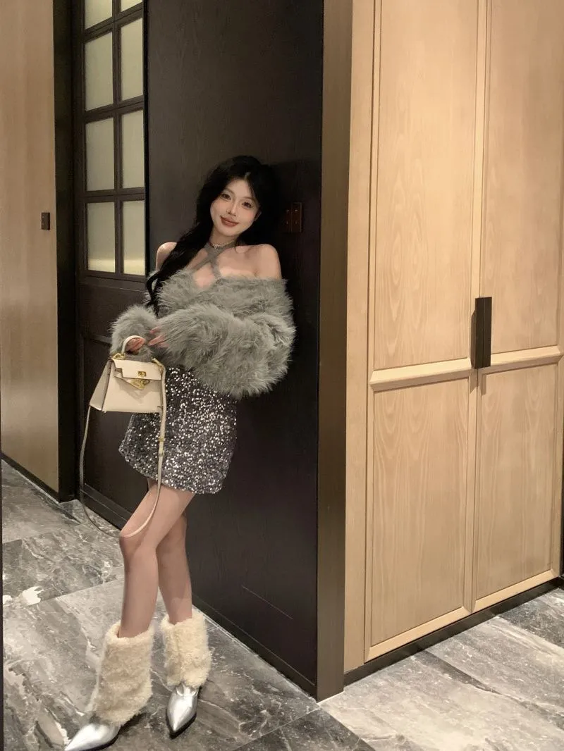 【Tops】透かし彫りファーセーター Z7929