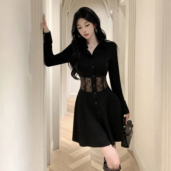 【Dress】レース切り替え透かし彫り長袖ワンピース W14524
