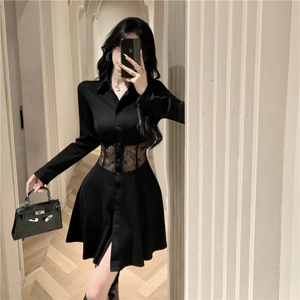 【Dress】レース切り替え透かし彫り長袖ワンピース W14524