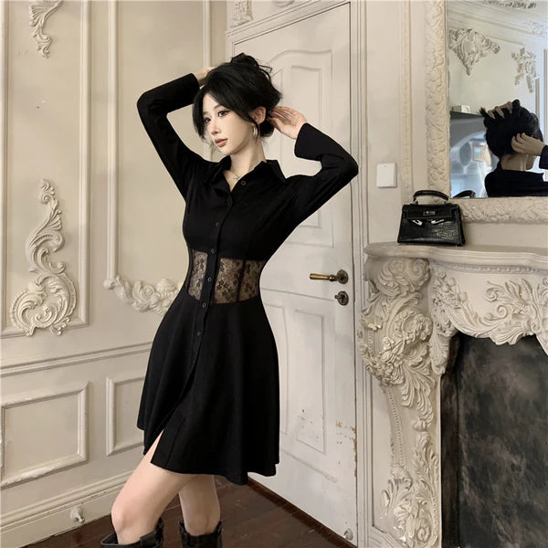 【Dress】レース切り替え透かし彫り長袖ワンピース W14524