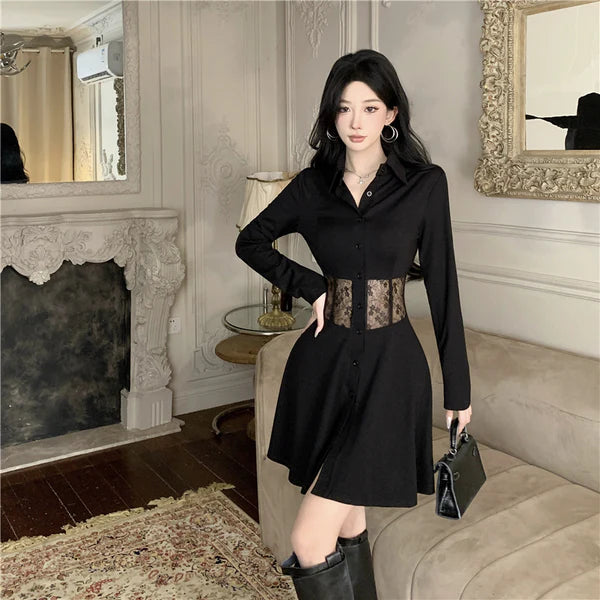 【Dress】レース切り替え透かし彫り長袖ワンピース W14524