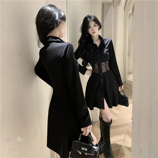 【Dress】レース切り替え透かし彫り長袖ワンピース W14524