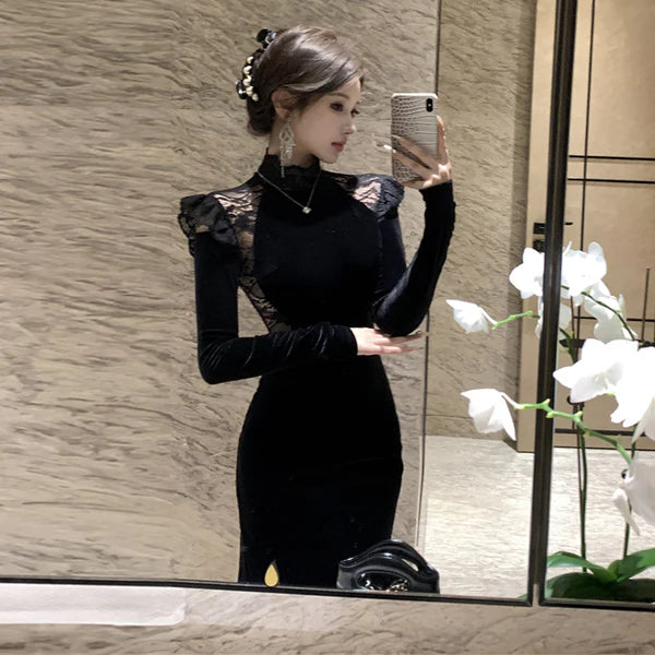 【Dress】秋冬レース切り替え長袖ワンピース W14529