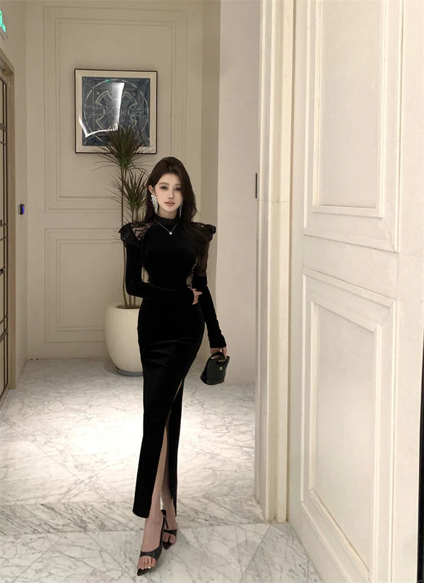 【Dress】秋冬レース切り替え長袖ワンピース W14529