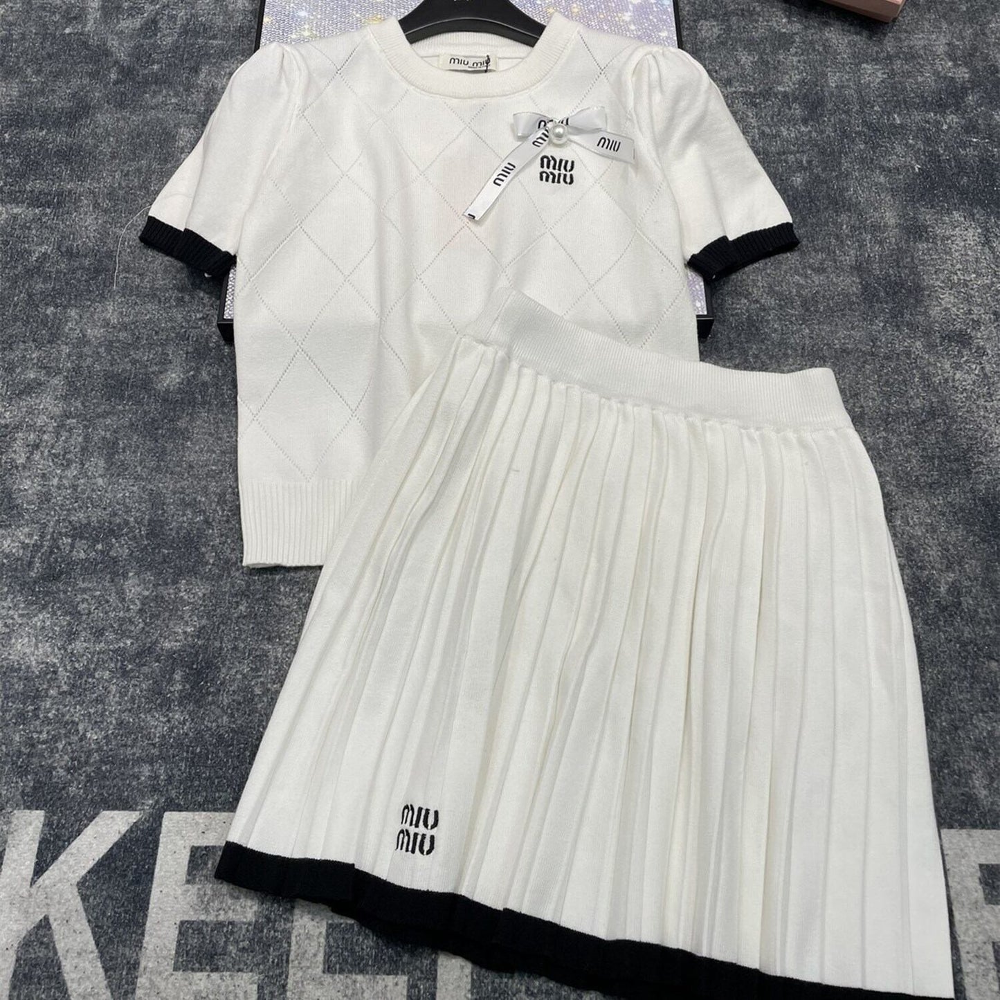 【set】半袖ニットトップス×プリーツスカートセット N2463