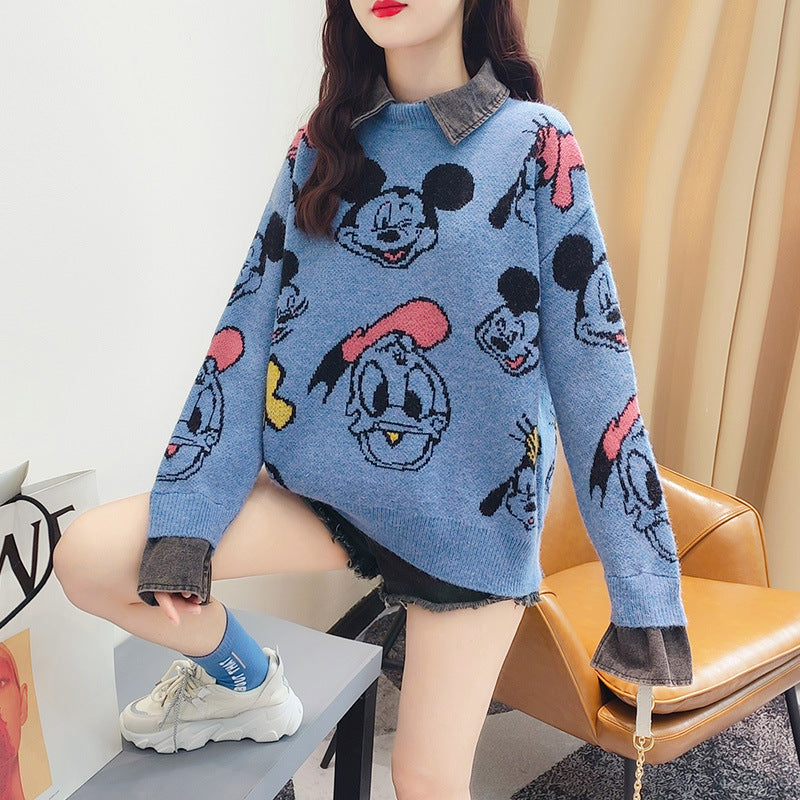 【Tops】新入荷フェイクレイヤードキャラクターセーター W8807