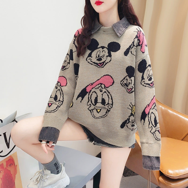 【Tops】新入荷フェイクレイヤードキャラクターセーター W8807