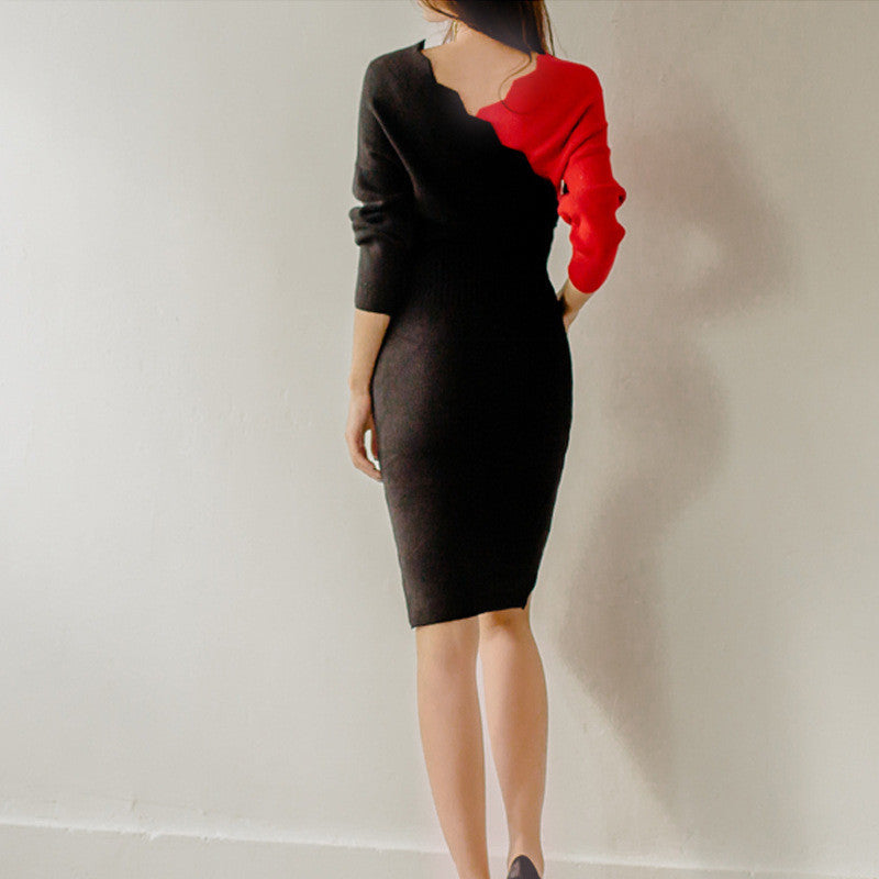 【Dress】Vネック配色タイトニットワンピース W8010