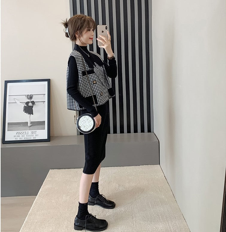 【Set】美人度アップ~フェミニン気質2点セット チェック柄ベスト +長袖ニットワンピース W-3057
