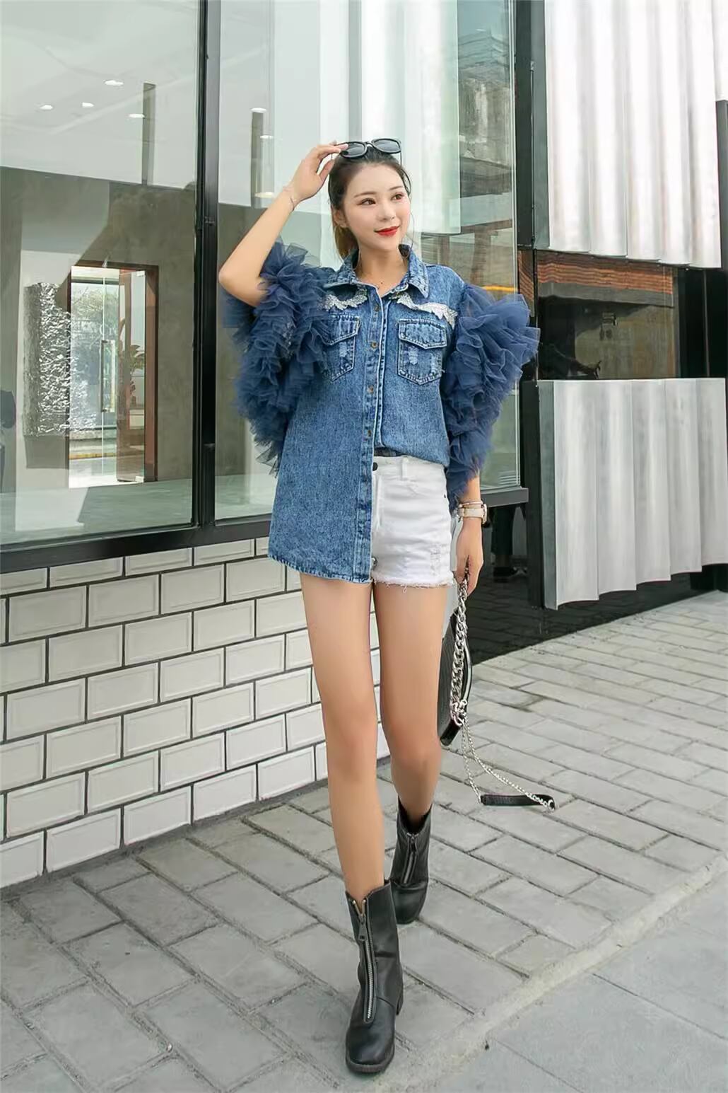 【tops】メッシュスリーブデニムトップスF6933