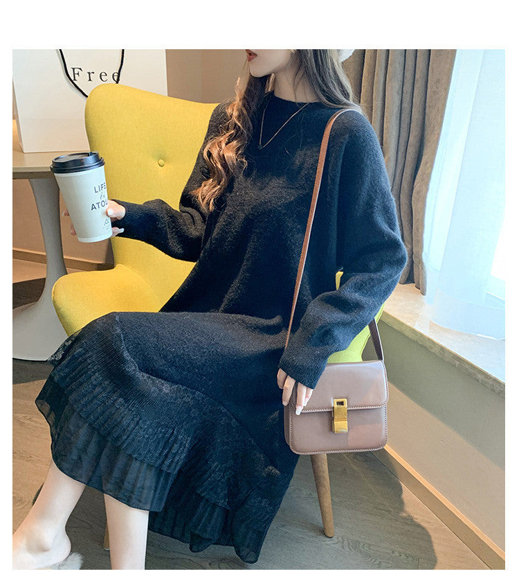 【Dress】レース切り替えルーズニットワンピース W7981
