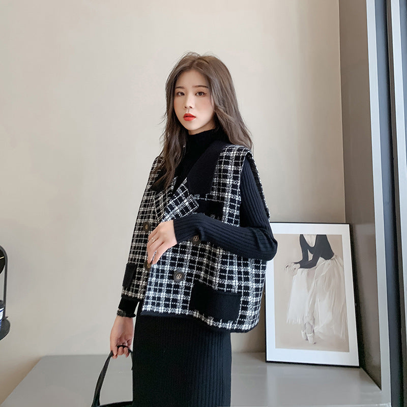 【Set】美人度アップ~フェミニン気質2点セット チェック柄ベスト +長袖ニットワンピース W-3057