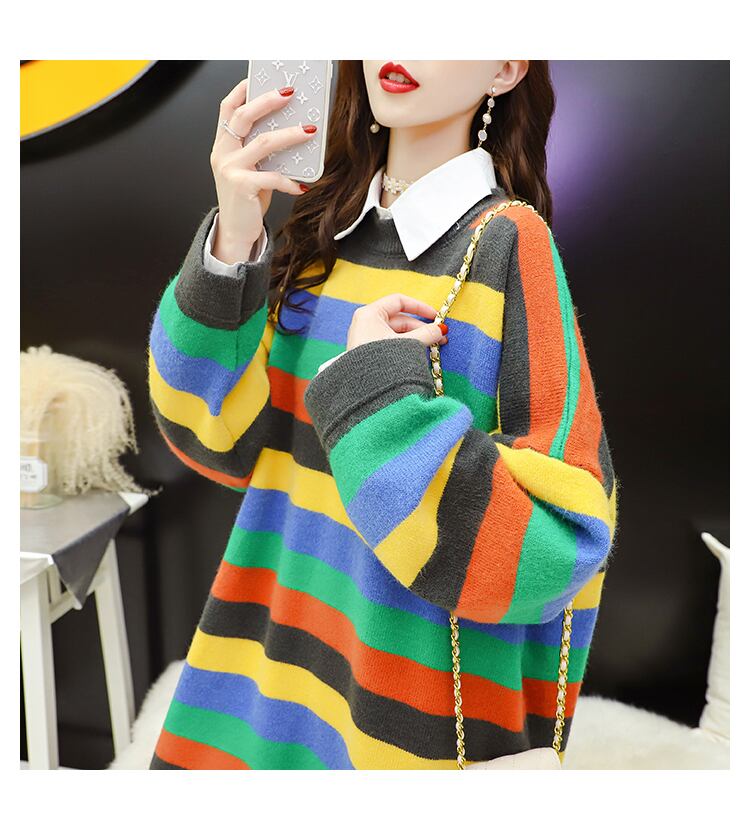 【tops】絶対欲しいセーターゆったり2色ストライプ柄カラーマッチング