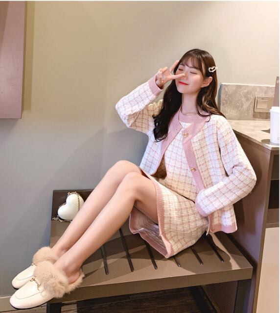 【set】エレガントワンピースニットカーディガン二点セット