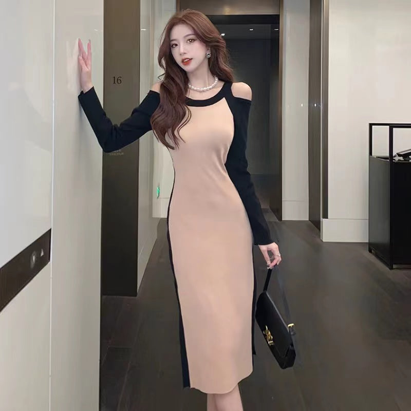 【Dress】肩見せ配色ニットワンピース W9284