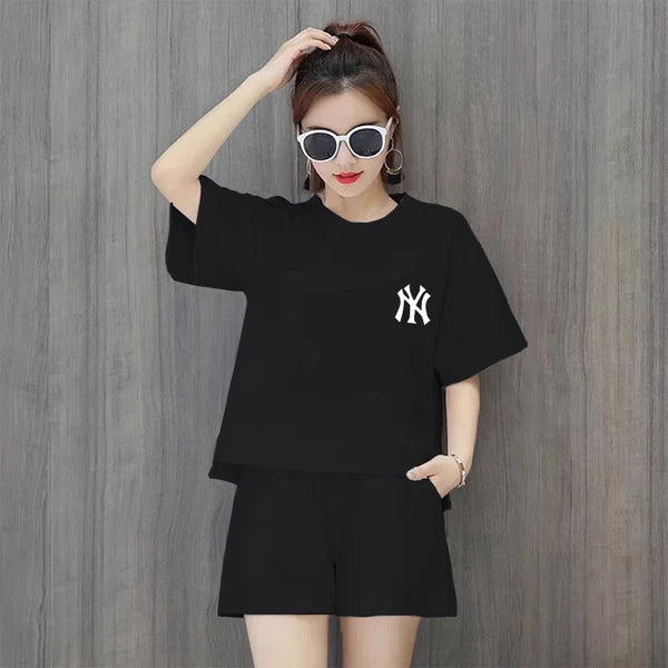 【Set】5色英字柄Tシャツ+ショートパンツ2点セット W12695
