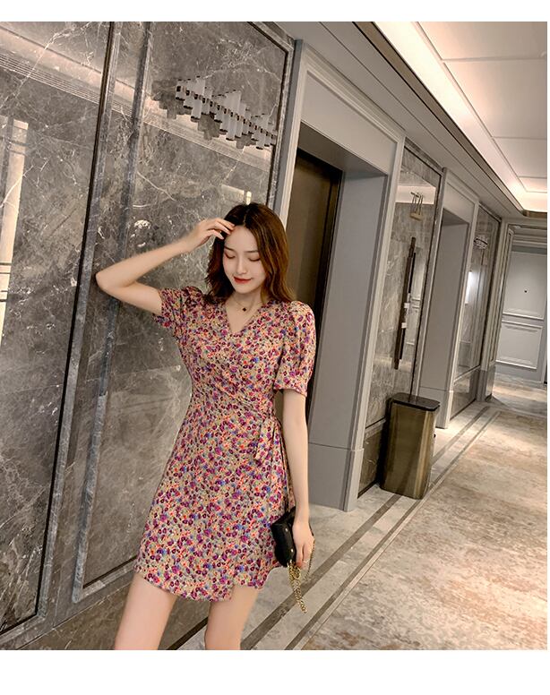 【dress】美人度アップ韓国系スウィート森ガール気質Vネック花柄シフォンスカート