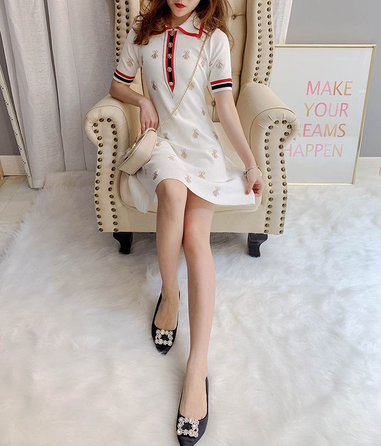 【Dress】新入荷!レディース気質Aライン半袖プリントニットワンピース W-6550