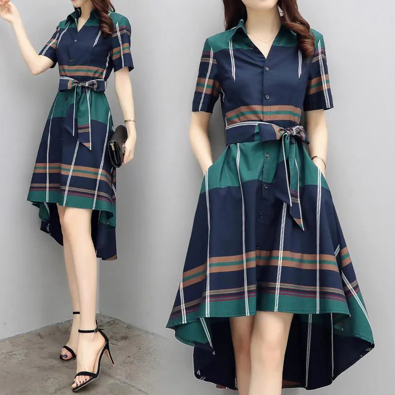 【Dress】大人らしい~夏季チェック柄半袖きれいめ不規則シャツワンピース W-6003