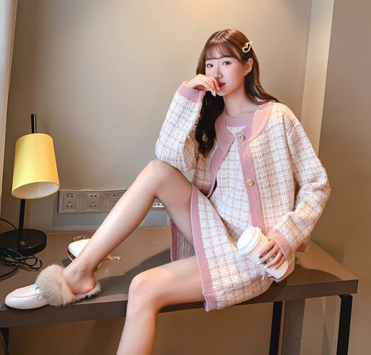 【set】エレガントワンピースニットカーディガン二点セット