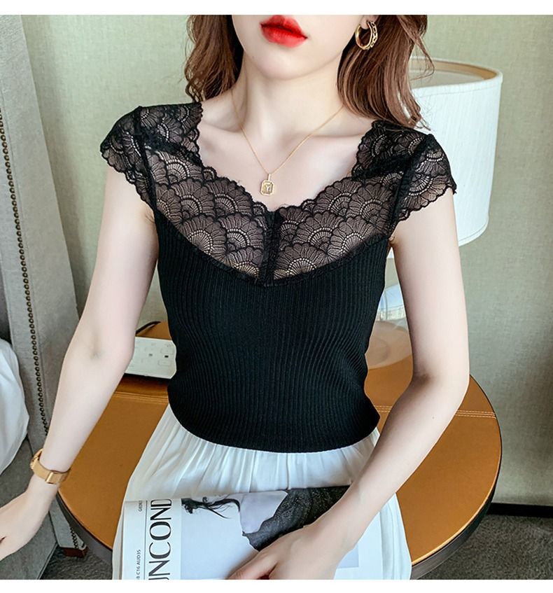 【Tops】レース切り替えTシャツ W12442