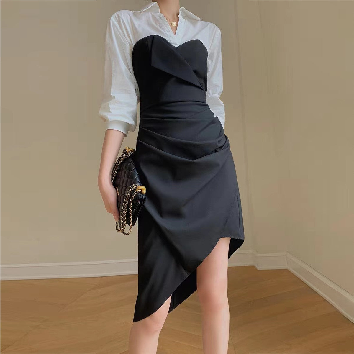 【Dress】イレギュラー長袖シャツワンピース W8085