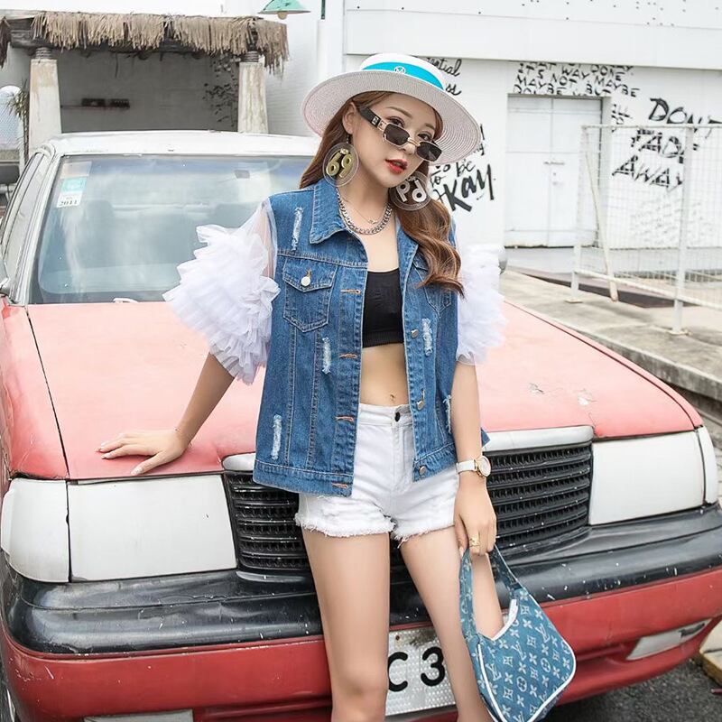 【tops】メッシュスリーブデニムベストF6941