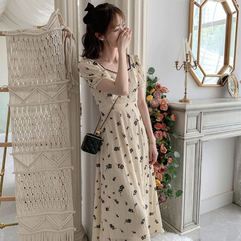 【dress】美人度アップレトロ気質スウィートパフスリーブ森ガール花柄スカート