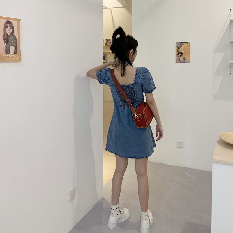【dress】美人度アップ韓国系キャンパススクエアネックパフスリーブ気質デニムスカート