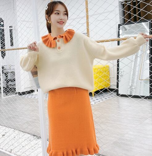 【set】韓国ガーリッシュペプラムスカーセーター2点セット