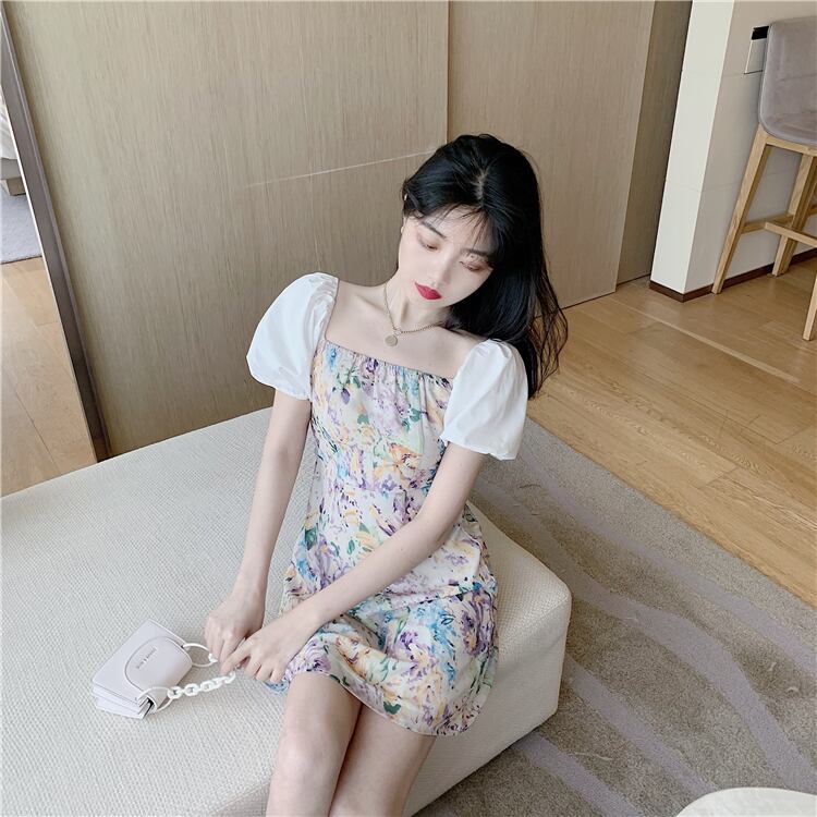 【dress】美人度アップ韓国系森ガール気質ボートネックパフスリーブ花柄スカート