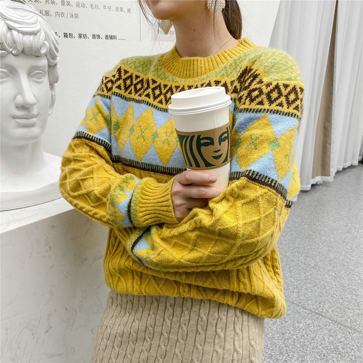 【tops】絶対流行エスニックレトロニットセーターゆったり2色