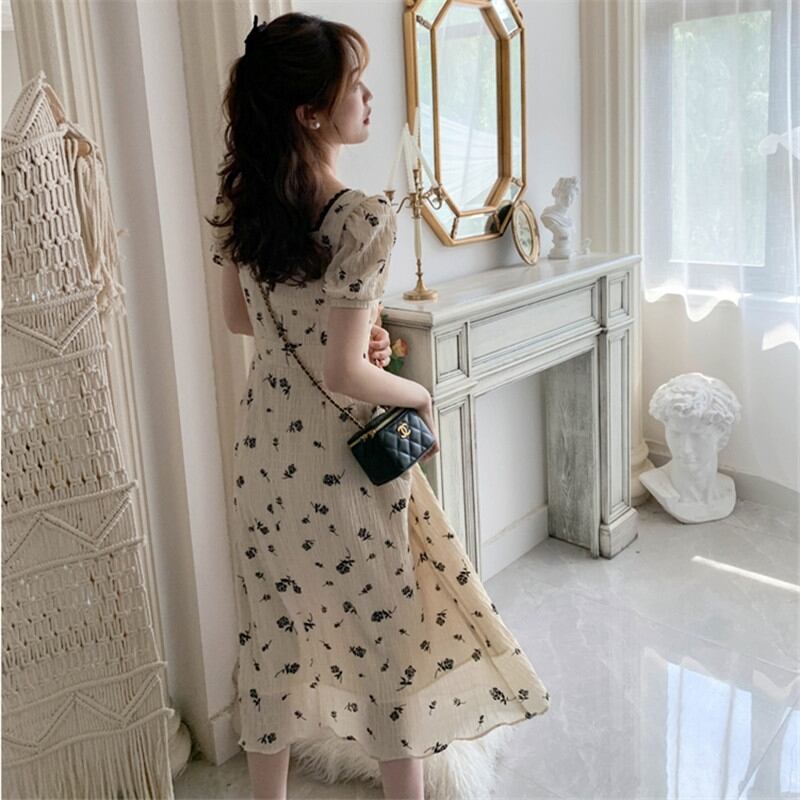 【dress】美人度アップレトロ気質スウィートパフスリーブ森ガール花柄スカート