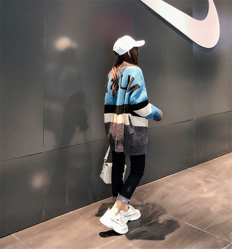 【outer】韓国系超人気ニットカーディガン配色ゆったり3色