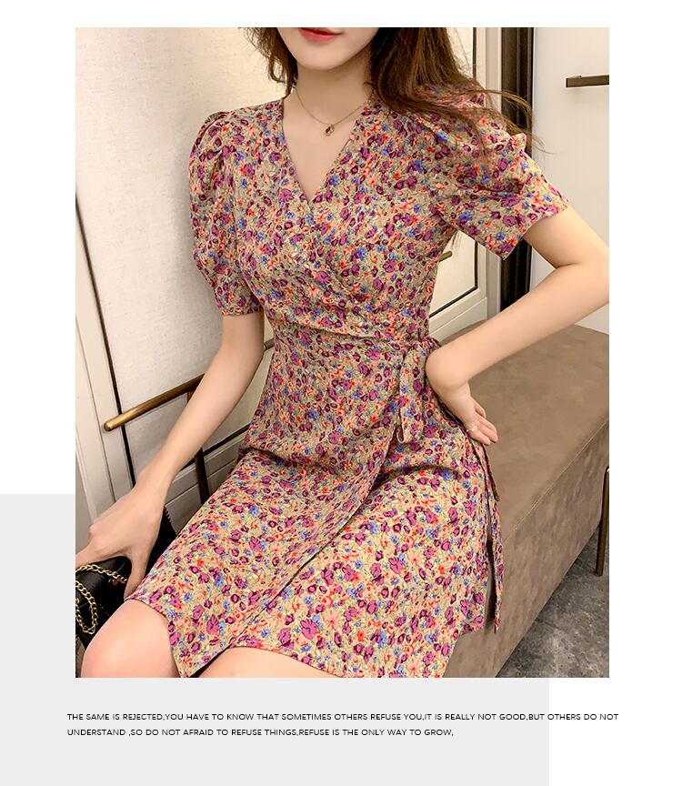 【dress】美人度アップ韓国系スウィート森ガール気質Vネック花柄シフォンスカート